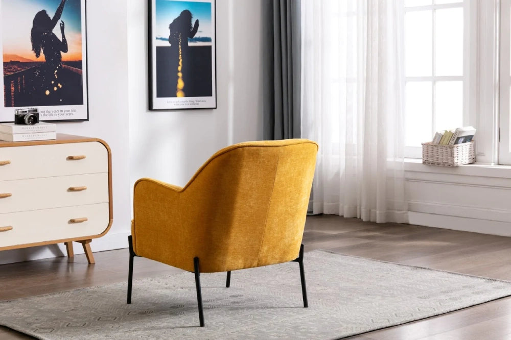 Logan Upholstered Accent Chair in Apricot Finish with Wall Frame and Cupboard in Living Room Setting 3
