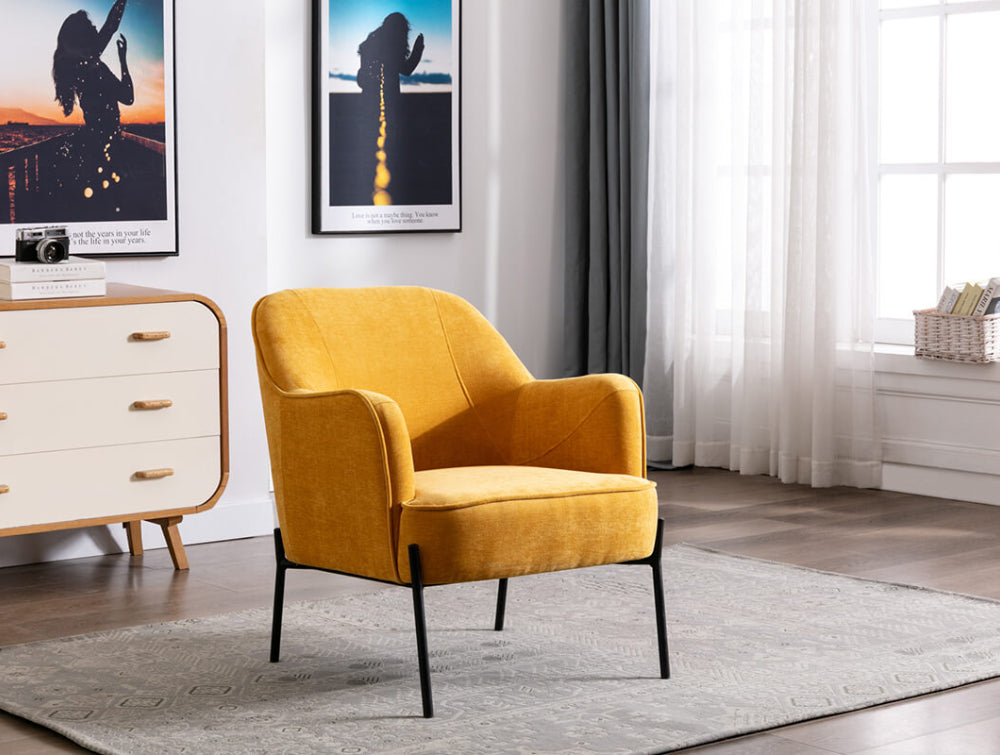 Logan Upholstered Accent Chair in Apricot Finish with Wall Frame and Cupboard in Living Room Setting