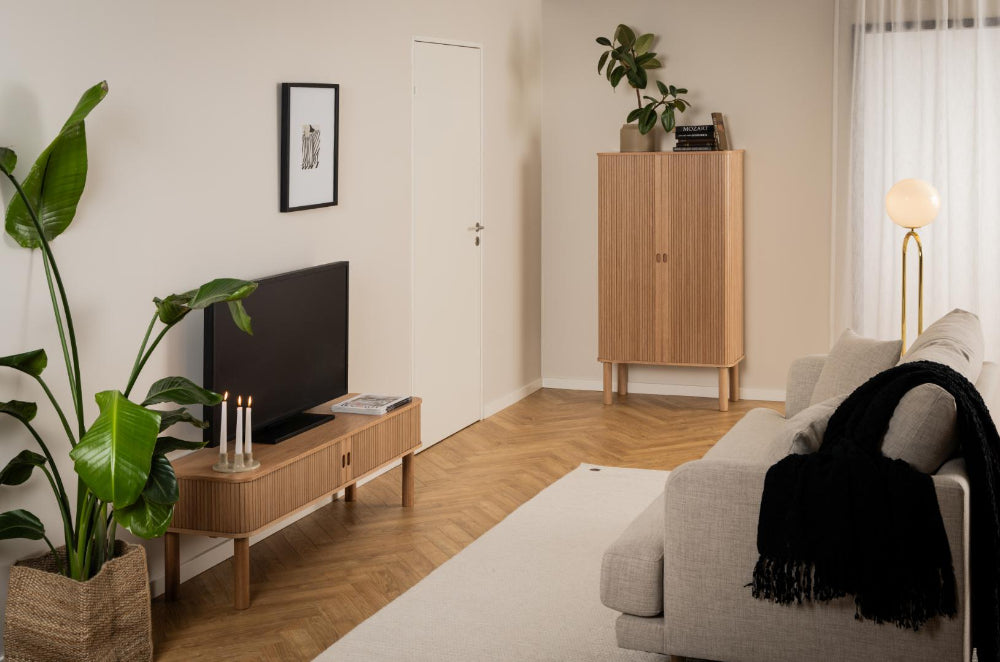 Luis Wooden Media Unit with Indoor Plant and Sofa in Living Room Setting