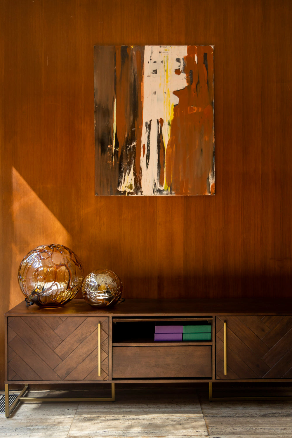 Luka Wooden Media Unit with Wall Art in Living Room Setting