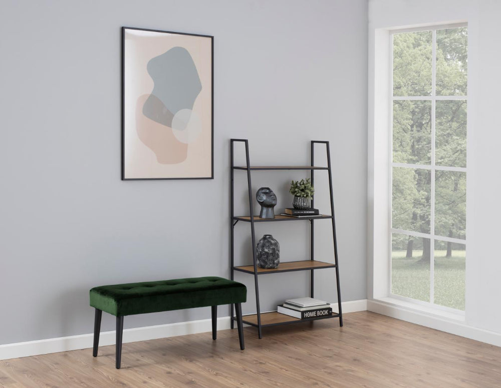 Lumina Upholstered Bench in Forest Green Finish with Bookshelves and Books in Living Room Setting