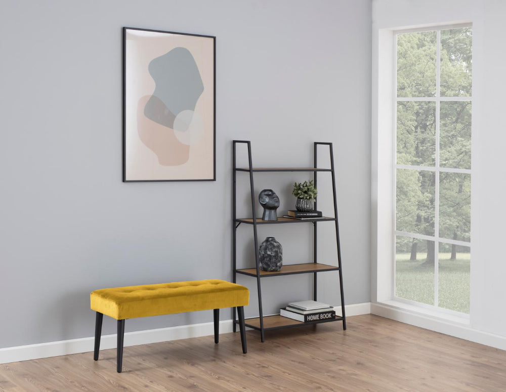 Lumina Upholstered Bench in Yellow Finish with Bookshelves and Books in Living Room Setting