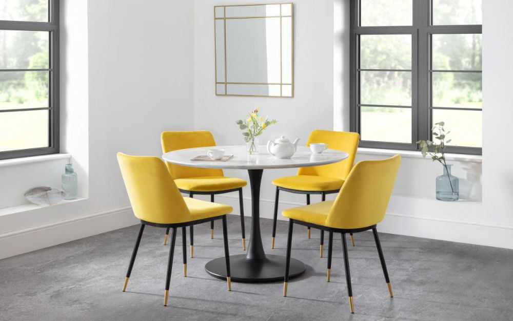 Luna Dining Chair Mustard with Square Wall Mirror in Living Room Setting
