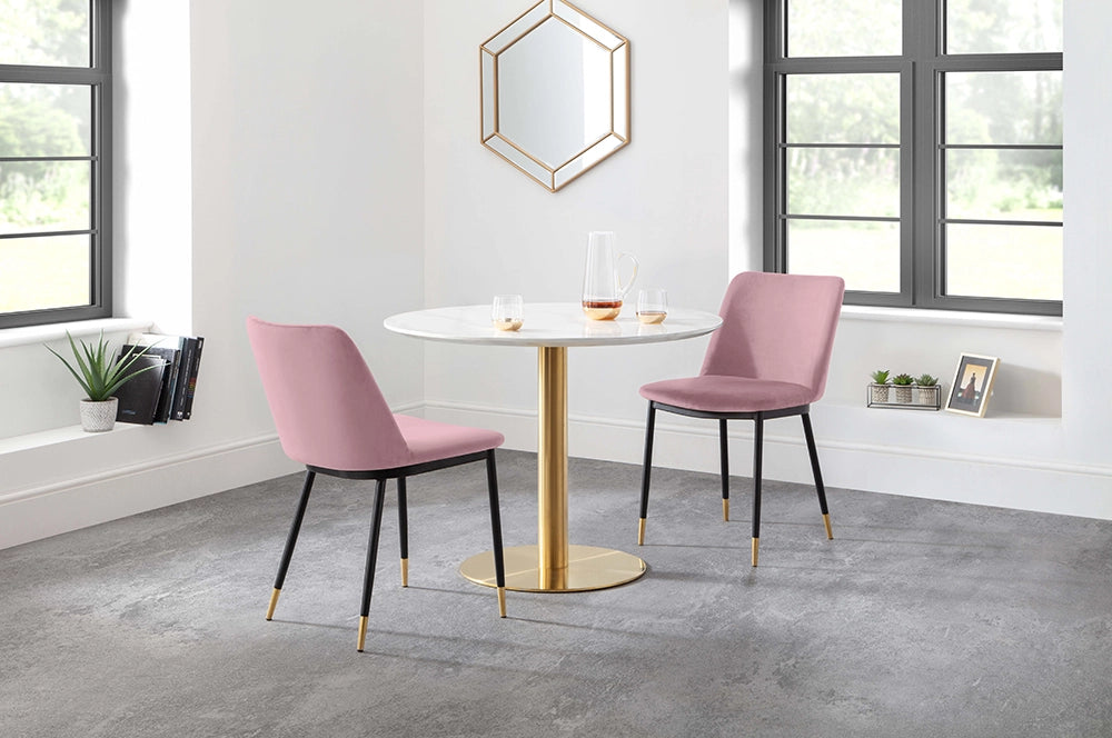 Luna Dining Chair in Dusky Pink Finish with Round Top Table and Wall Mirror in Breakout Setting