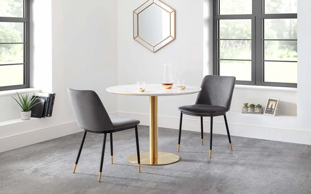 Luna Dining Chair in Grey Finish with Round Top Table and Mirror in Breakout Setting