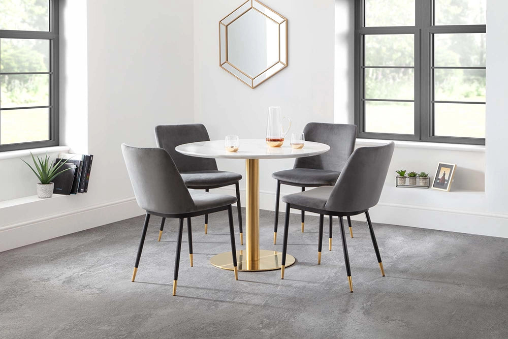 Luna Dining Chair in Grey Finish with Round Top Table and Picture Frame in Breakout Setting