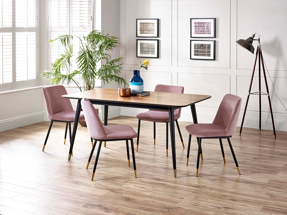 Luna Dining Chair in Dusky Pink Finish with Rectangular Top Table and Indoor Plant in Breakout Setting