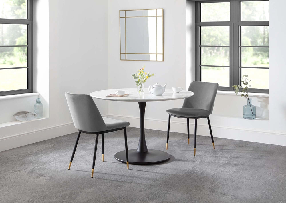 Luna Dining Chair in Grey Finish with Round Top Table and Transparent Vase in Breakout Setting