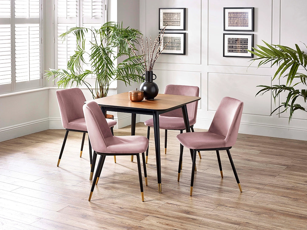 Luna Dining Chair in Dusky Pink Finish with Square Top Table and Indoor Plant in Breakout Setting
