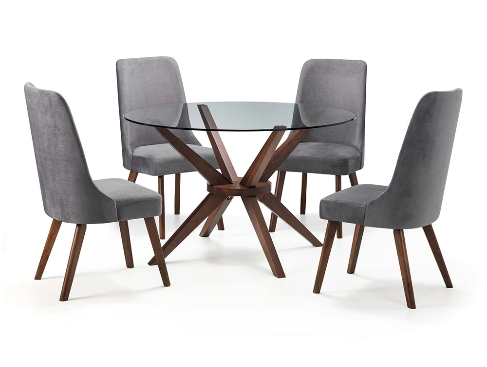 Lux Round Dining Table Walnut with Four Upholstered Chairs