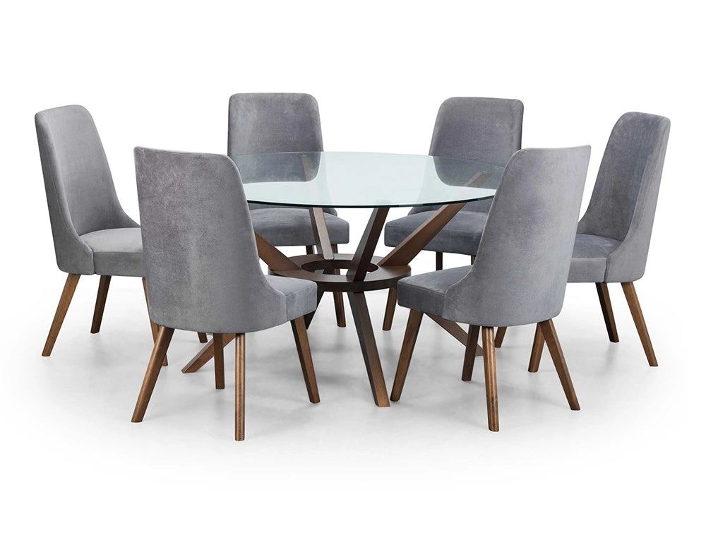 Lux Round Dining Table Walnut with Six Upholstered Chairs 2