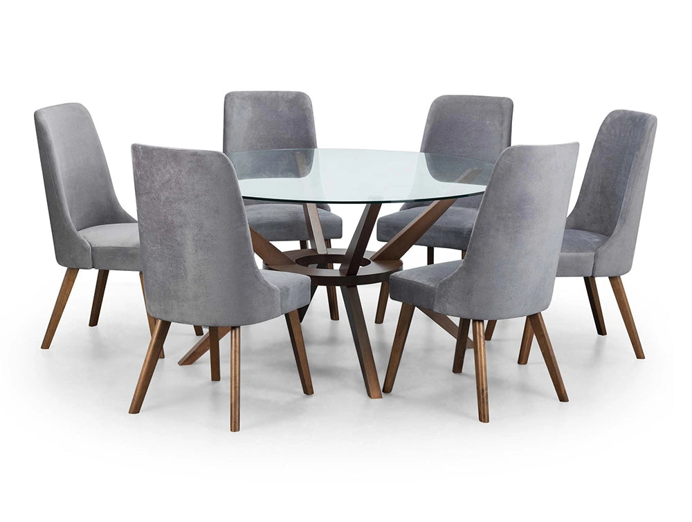 Lux Round Dining Table Walnut with Six Upholstered Chairs