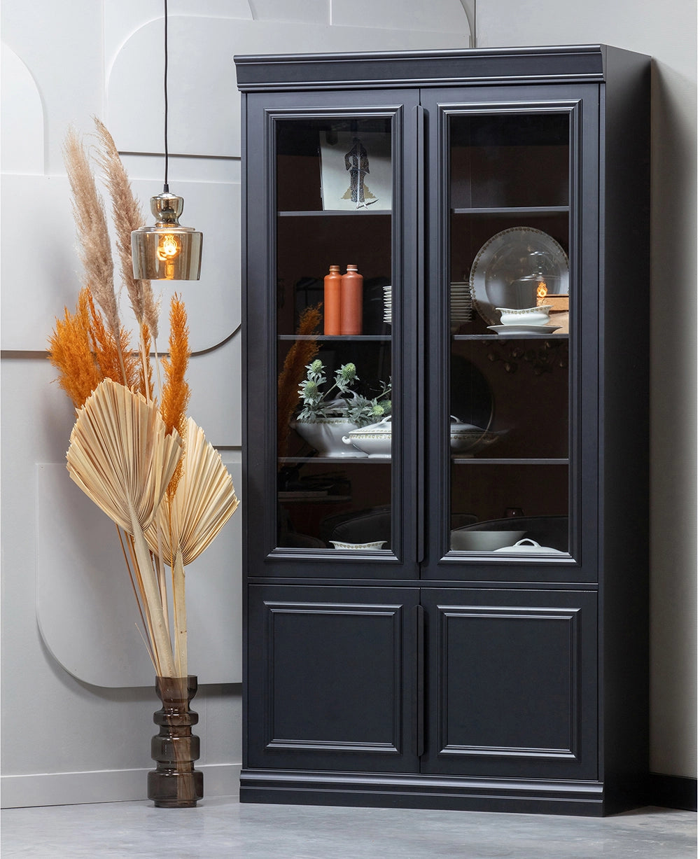 Maca Display Cabinet in Matte Black Finish with Plates and Hanging Lamp in Living Room Setting