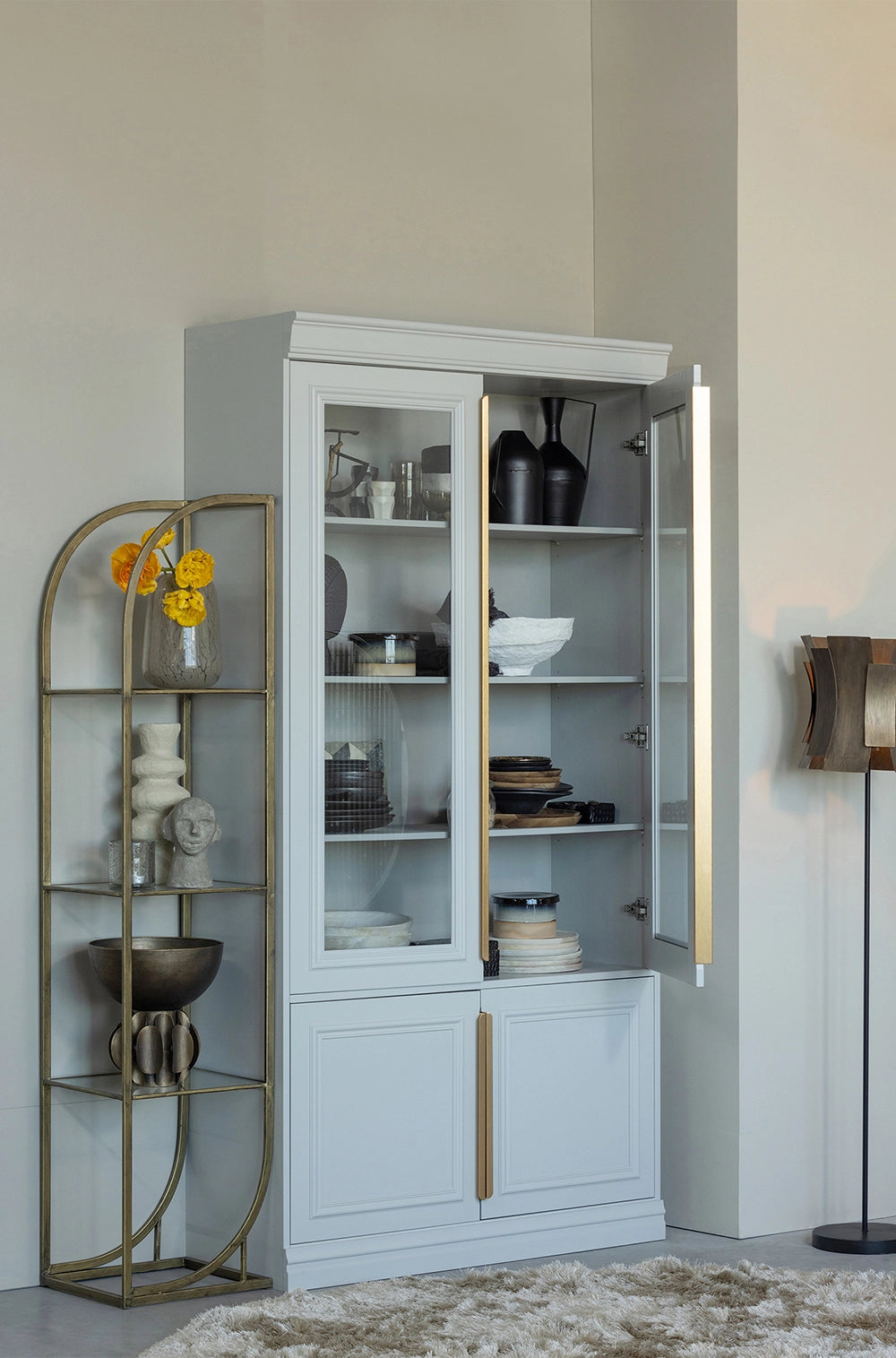 Maca Display Cabinet in Mist Finish with Utensils and Shelves in Living Room Setting