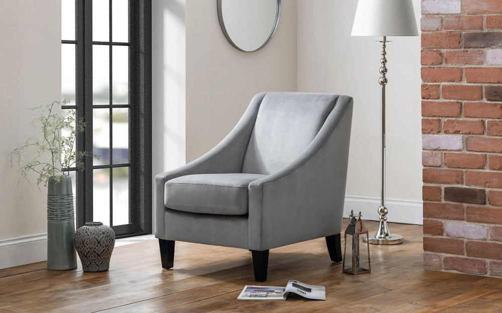 Madden Velvet Armchairin Grey Finish with Standing Lamp and Round Wall Mirror in Living Room Setting