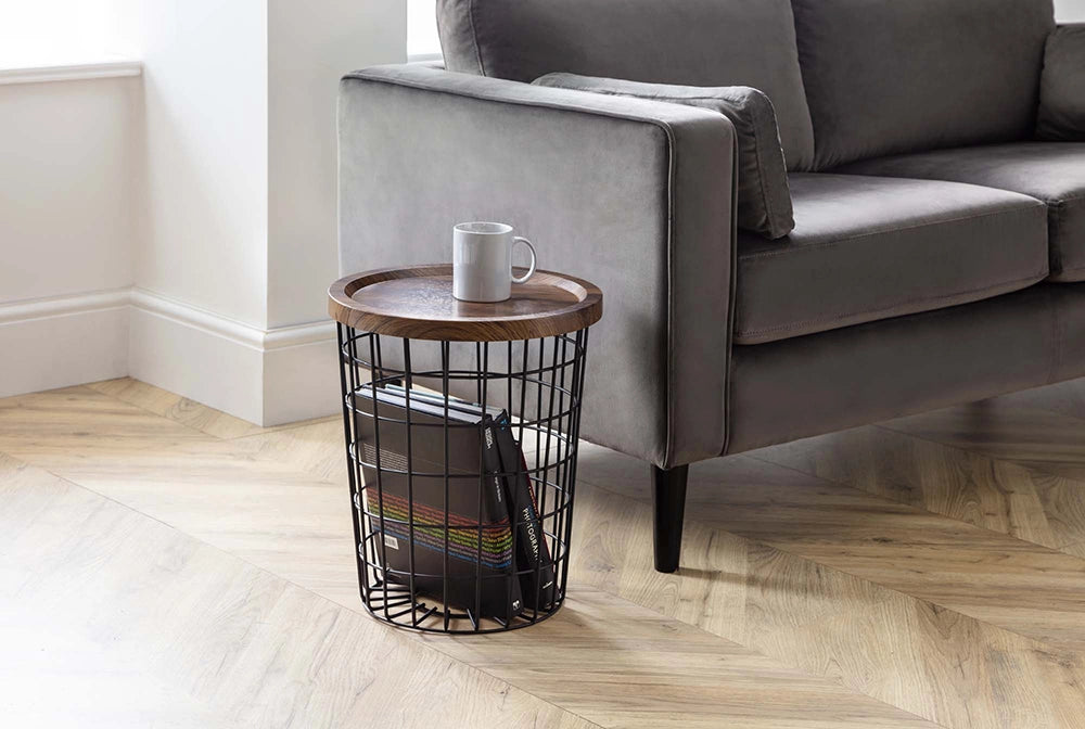 Marcus Storage Lamp Table in Wooden Top Finish with Upholstered Grey Sofa and White Cup in Office Setting