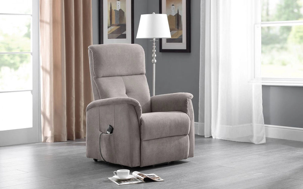 Marine Recliner Chair in Taupe Finish with White Tea Cup and White Standing Lamp in Living Room Setting