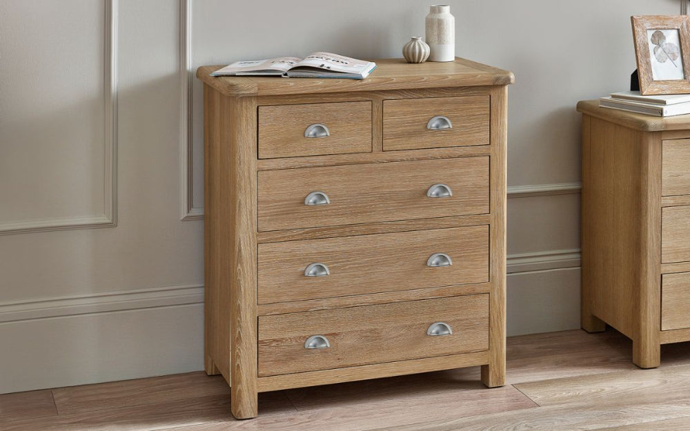 Marissa 3 2 Drawer Chest in Limed Oak Finish with Magazine in Bedroom Setting 2