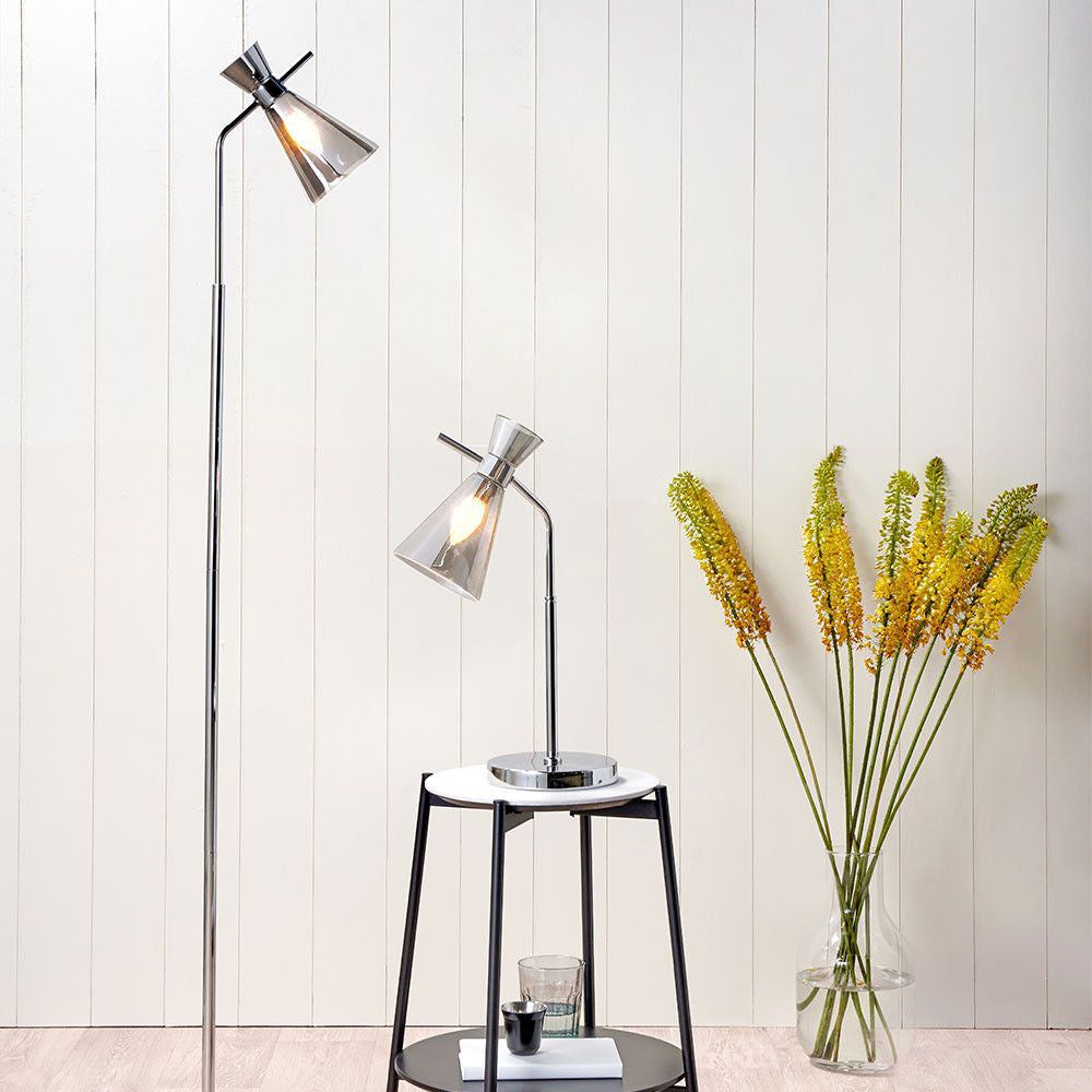 Marlyn Smoke Glass and Silver Metal Waisted Table Lamp with Floor Lamp and Vase