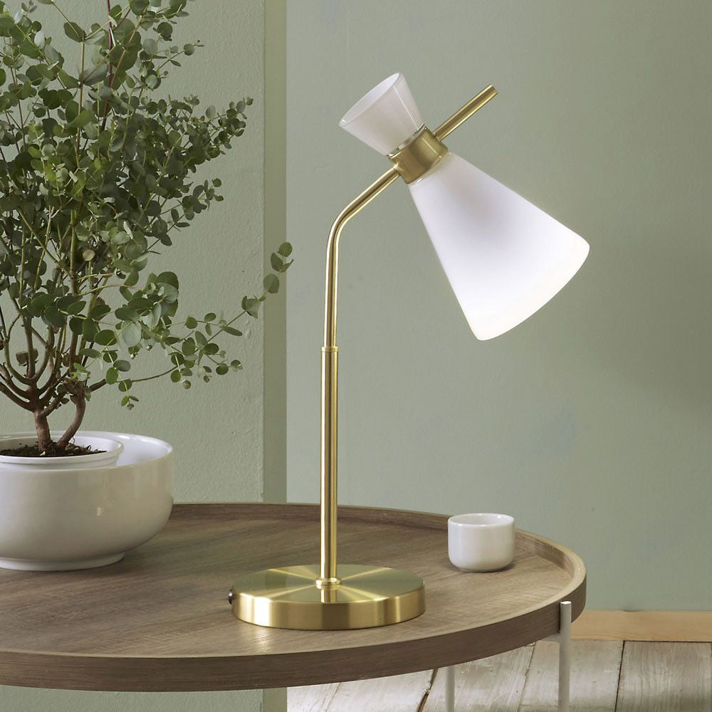 Marlyn White Glass and Gold Metal Waisted Table Lamp with Plant and Coffee Table
