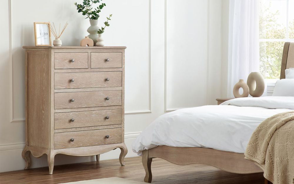 Marseille 4+2 Drawer Chest with Bed and Vase in Bedroom Setting