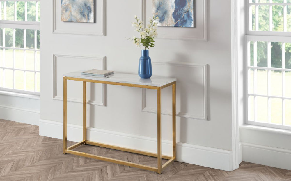 Mason White Marble Top Console Table with Flower Vase and Wall Art in Living Room Setting