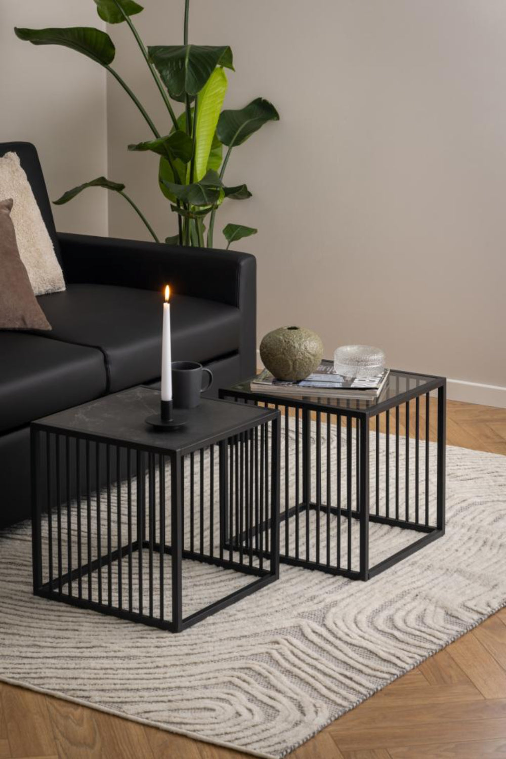 Melanie Glass Top Side Table with Black Finish Sofa and Indoor Plant in Living Room Setting