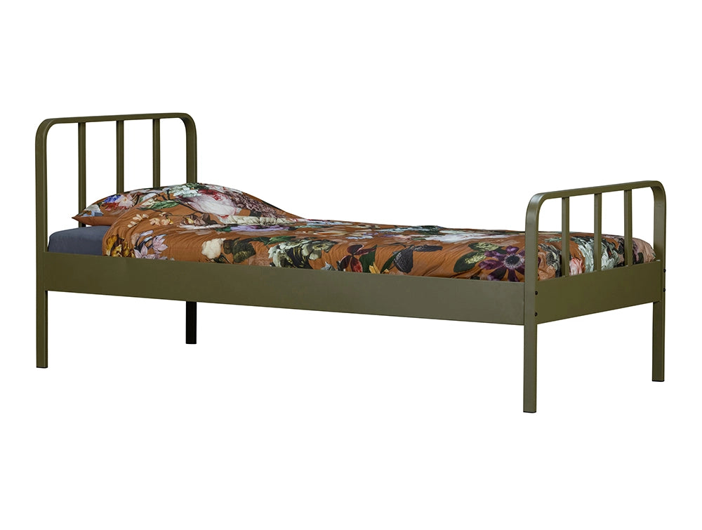 Mews Metal Bed Frame Army Green 3 with Brown Printed Bedsheet and Pillow