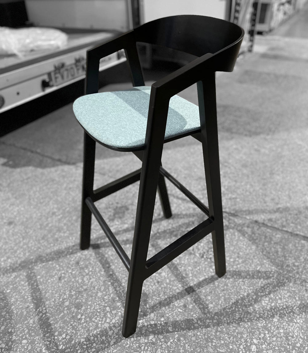 Micro Wooden Bar Stool with Footrest and Upholstered Seat Pad in Black Finish