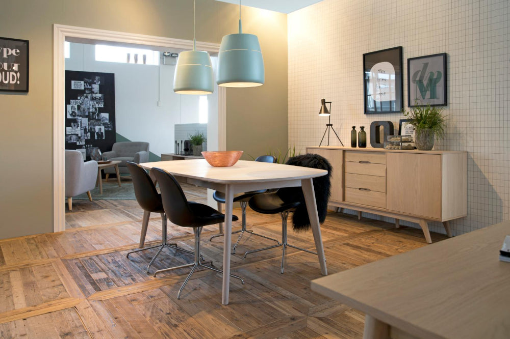 Milo White Pigment Sideboard with Dining Table and Chairs in Dining Setting