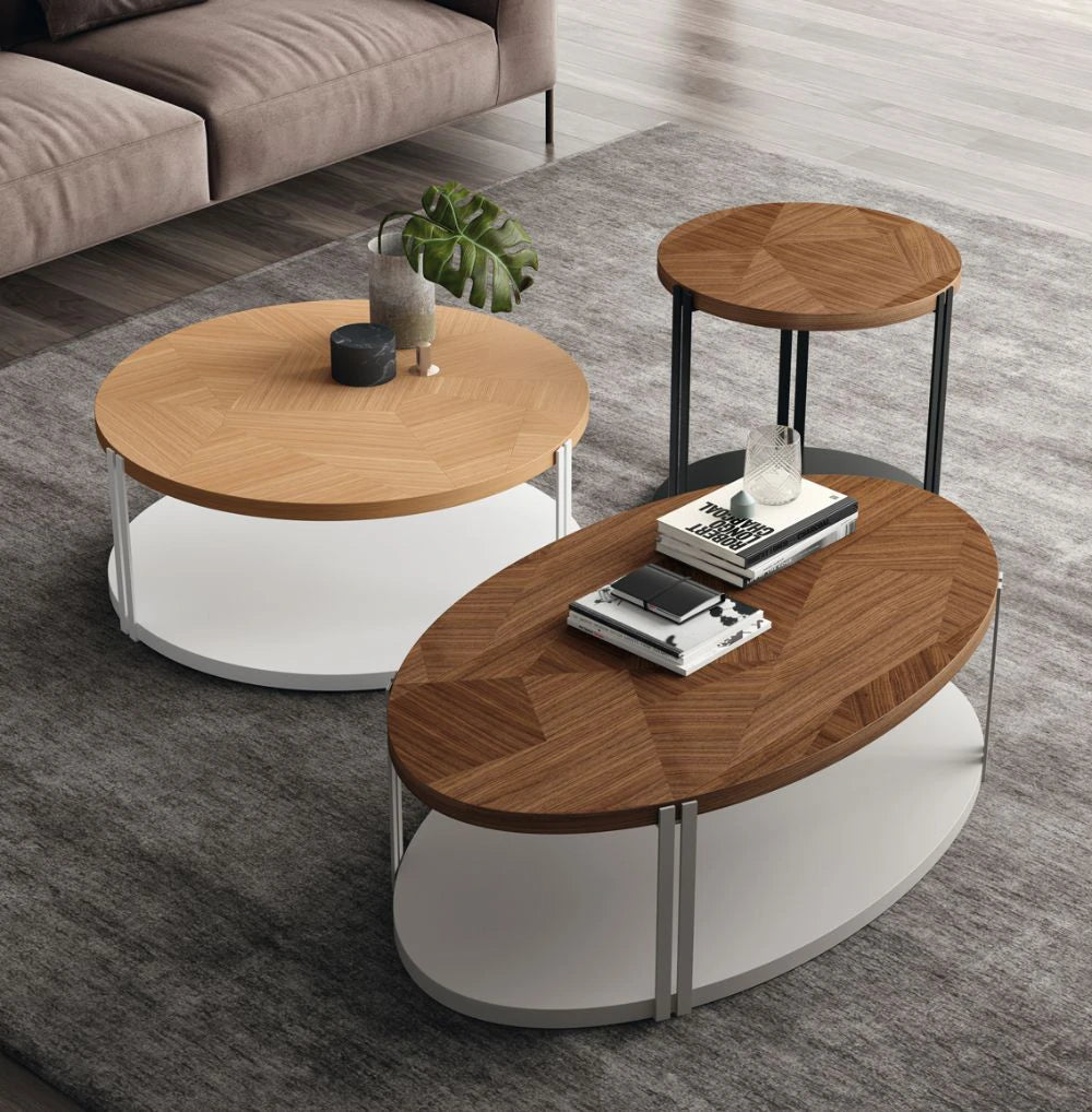 Mobenia Carey Side Table in Different Sizes and Shapes with Light Brown Sofa