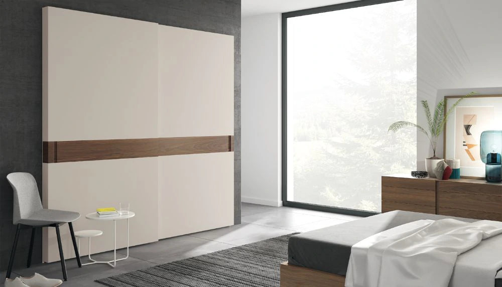 Mobenia Slope Wardrobe in Lacquer Finish with Grey Chair and White Side Table in Bedroom Settings