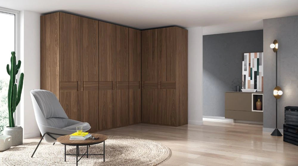 Mobenia Slope Wardrobe in Walnut Finish with Grey Chair and Round Coffee Table in Living Room Settings