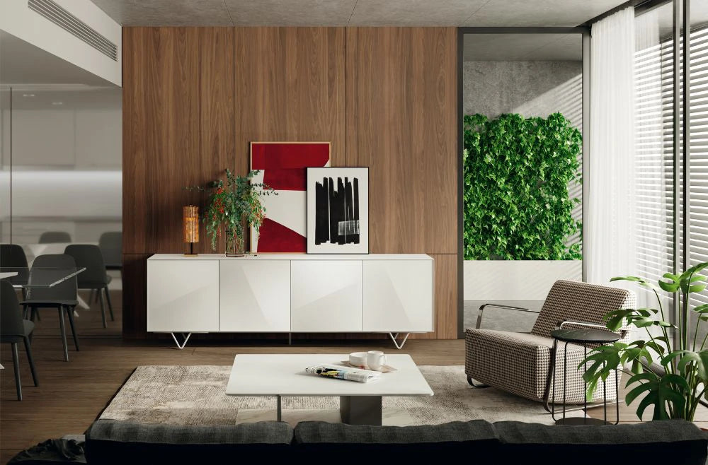 Mobenia Sydney Sideboard in White with White Centre Table and Upholstered Armchair in Living Room Settings