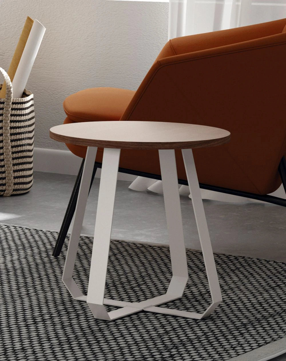 Mobenia Tama Side Table with White Legs Beside Orange Armchair