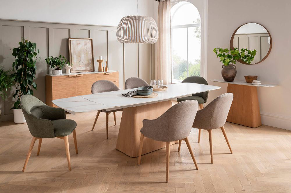 Ned Extending Dining Table in Sand Finish with Sideboard and Console Table in Dining Setting