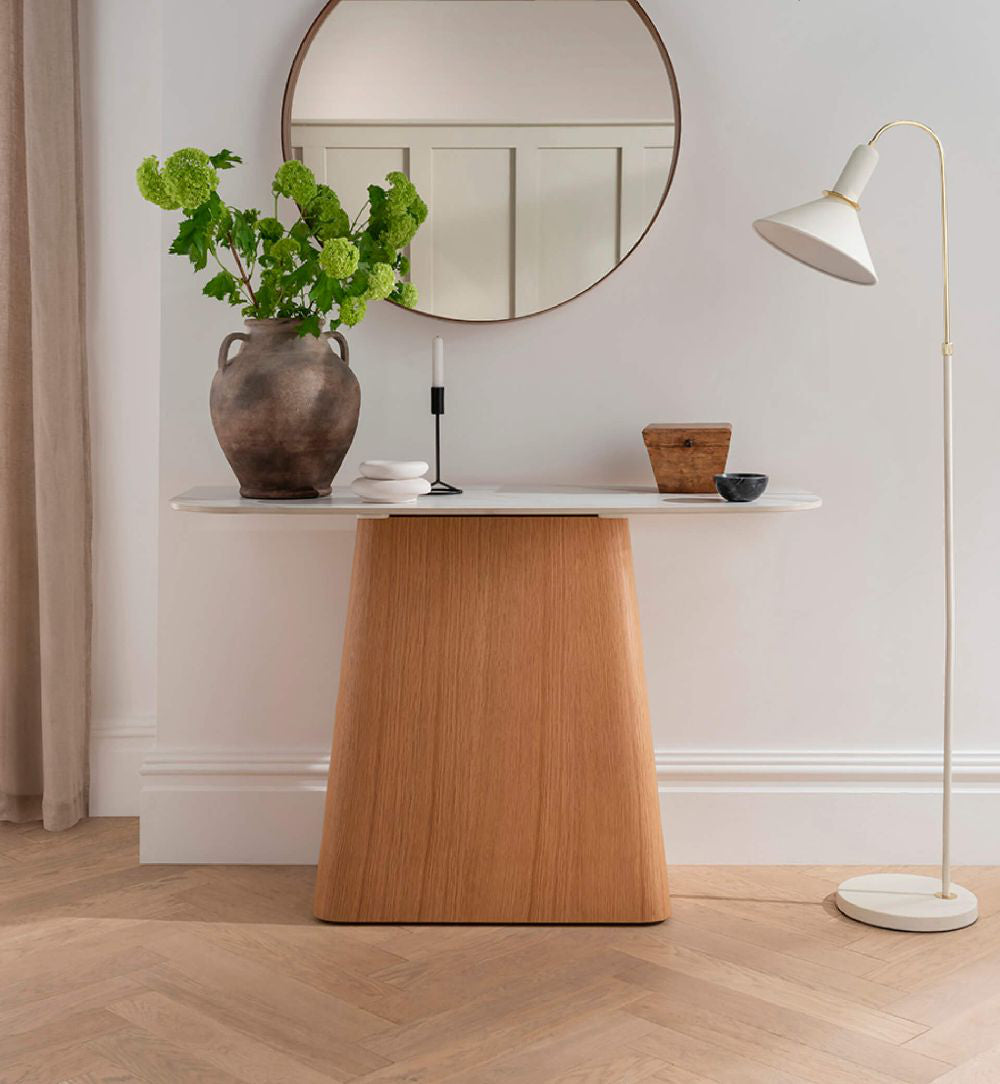 Ned Hall Console Table in Sand Finish with Floor Lamp and Indoor Plant in Living Room Setting