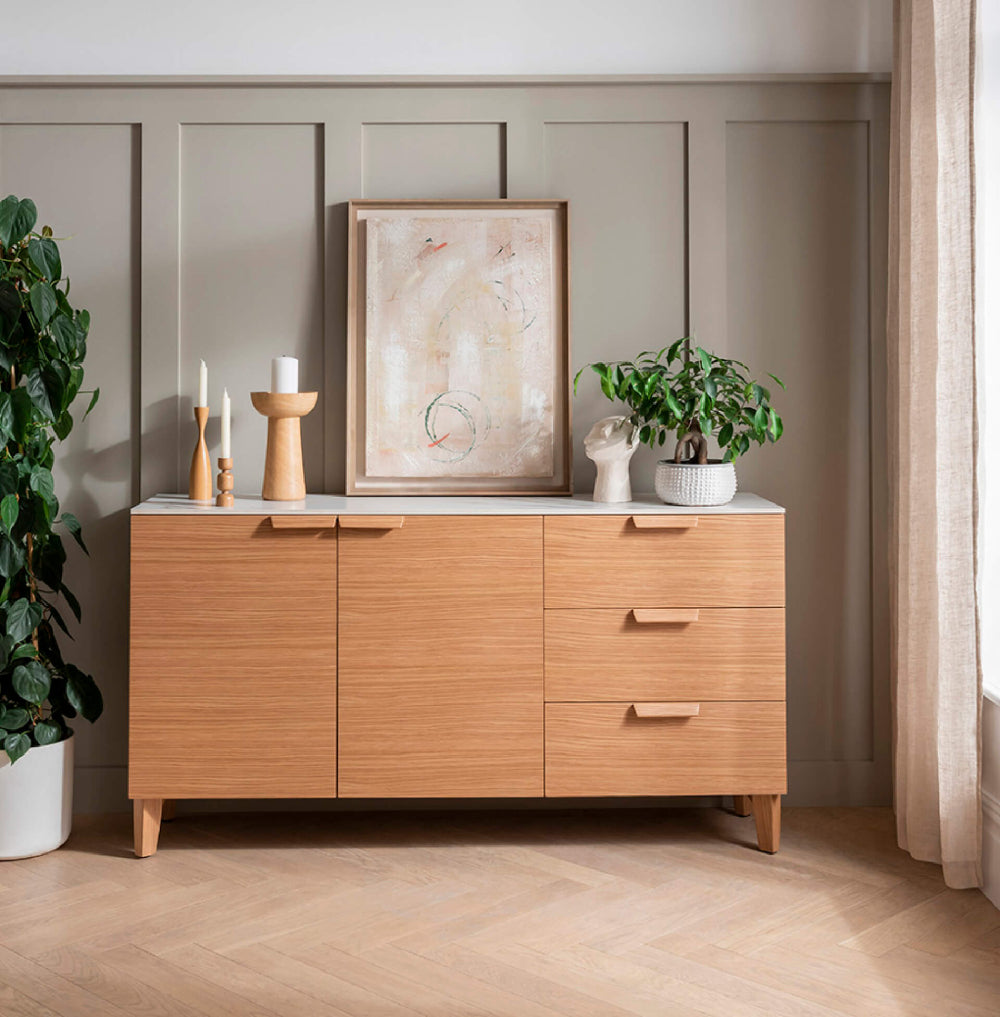 Ned Wooden 3 Drawer Sideboard with Indoor Plant in Breakout Setting