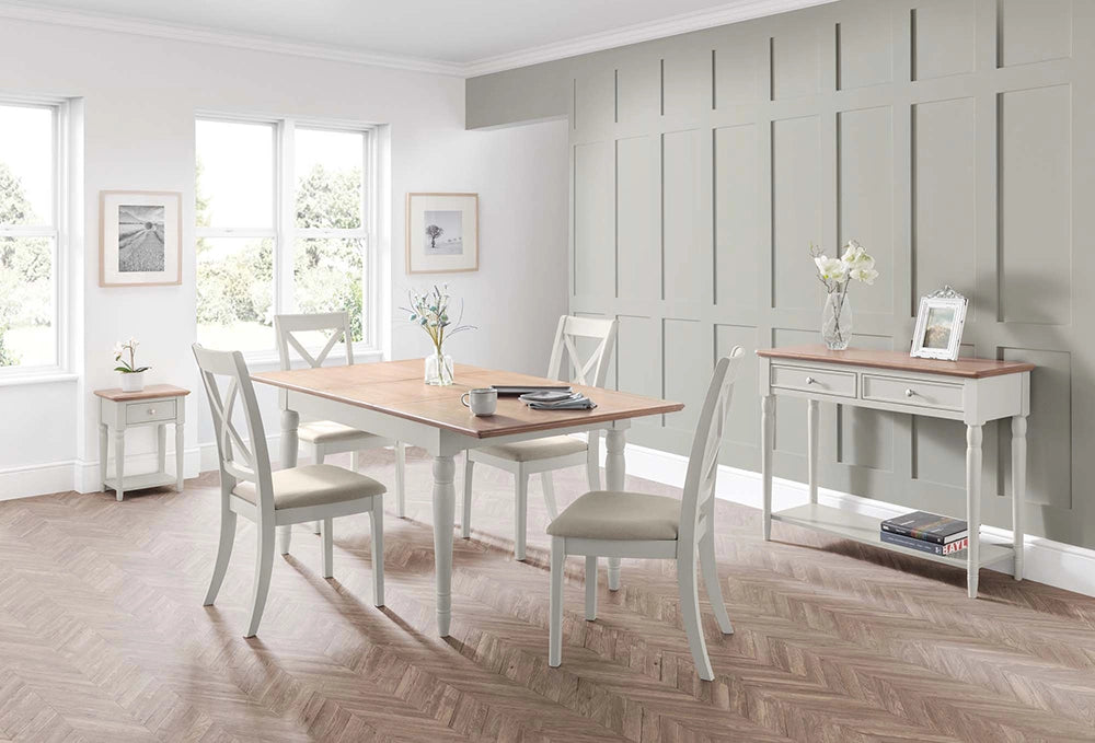 Nice Extending Dining Table in Wooden Top with Padded Chairs and Lamp Table in Breakout Setting 2
