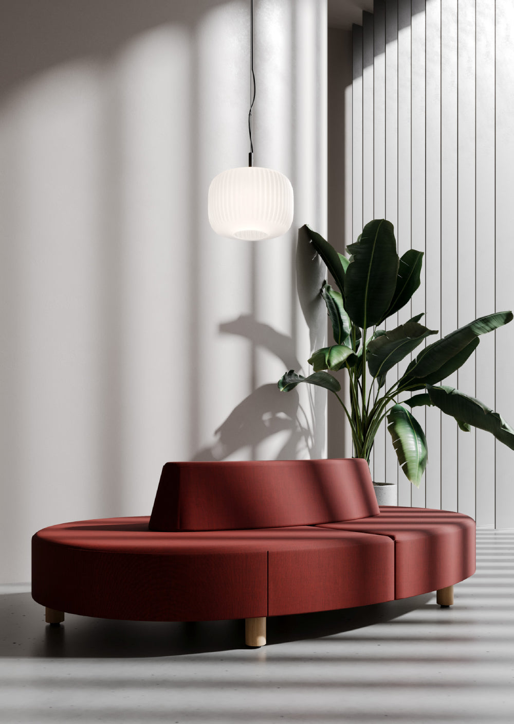 Nubi Upholstered Modular Sofa with Indoor Plant and Ceiling Light in Reception Setting 4