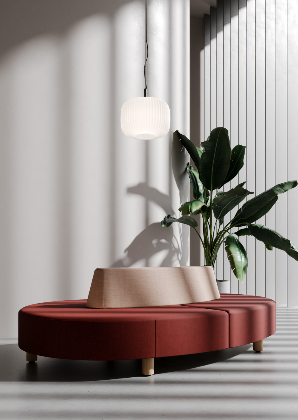 Nubi Upholstered Modular Sofa with Indoor Plant and Ceiling Light in Reception Setting