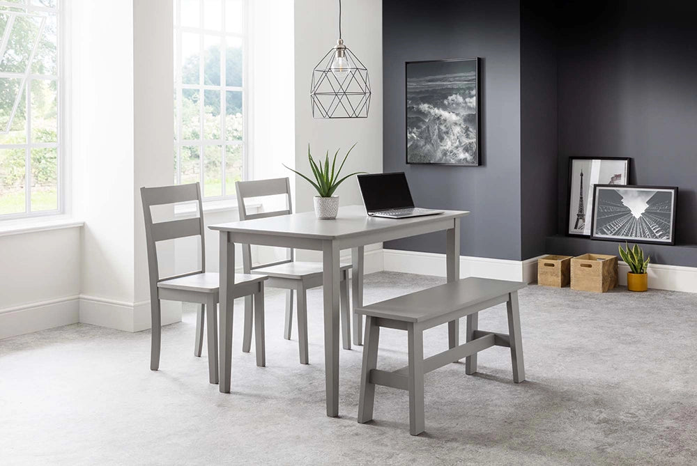 Obe Compact Rectangular Dining Table Torino in Grey Finish with Wooden Chairs and Bench in Dining Setting