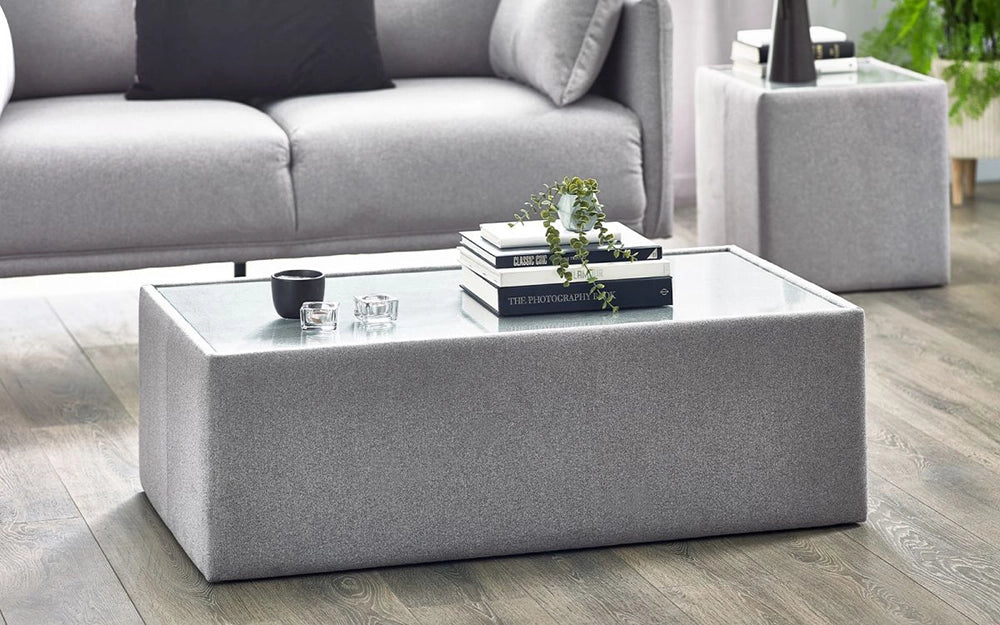 Ohio Coffee Table with Glass Top in Grey Finish with Fabric Sofa and Books in Living Room Setting