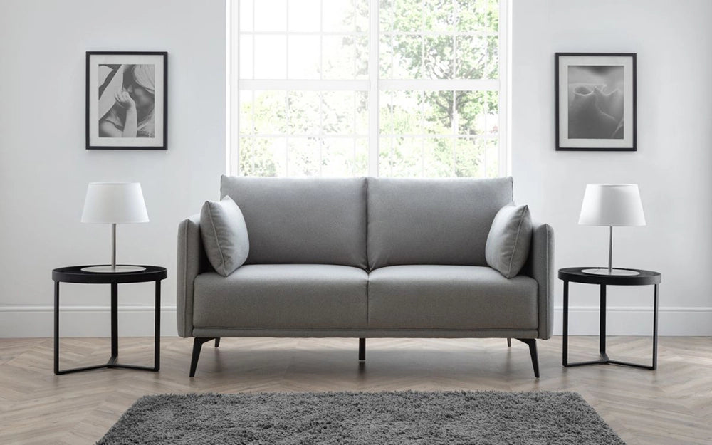 Ohio Fabric 2 Seater Chair in Grey Finish with White Lampshade and Round Top Coffee Table in Living Room Setting