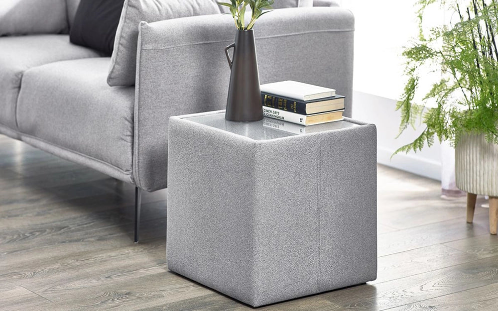 Ohio Lamp Table with Glass Top in Grey Finish with Brown Vase and Indoor Plant in Living Room Setting