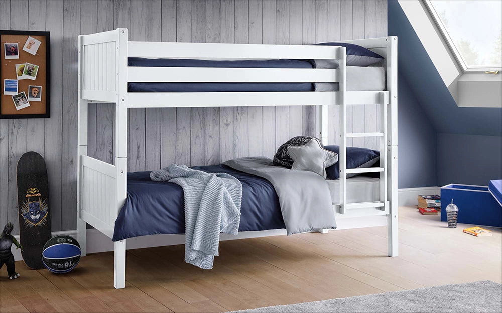 Ottice Bunk Bed Surf in White Finish with Ball and Skate Board in Bedroom Setting