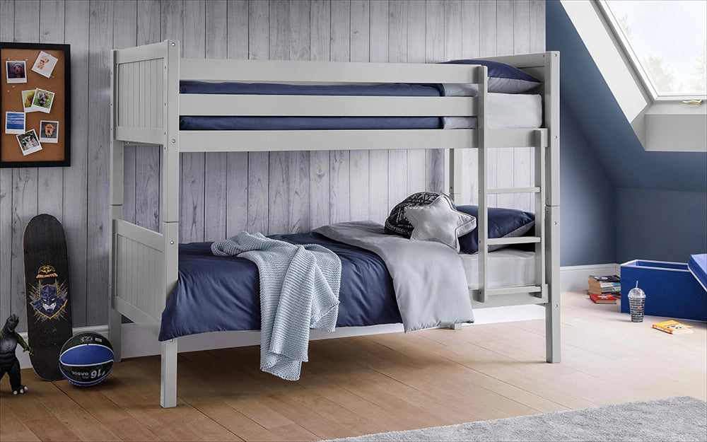 Ottice Bunk Bed in Dove Grey Finish with Ball and Skate Board in Bedroom Setting