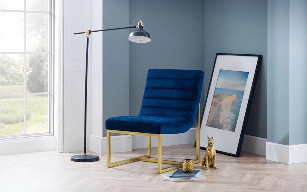 Oxford Velvet Accent Chair in Blue and Gold Finishes with Standing Lamp in Living Room Setting