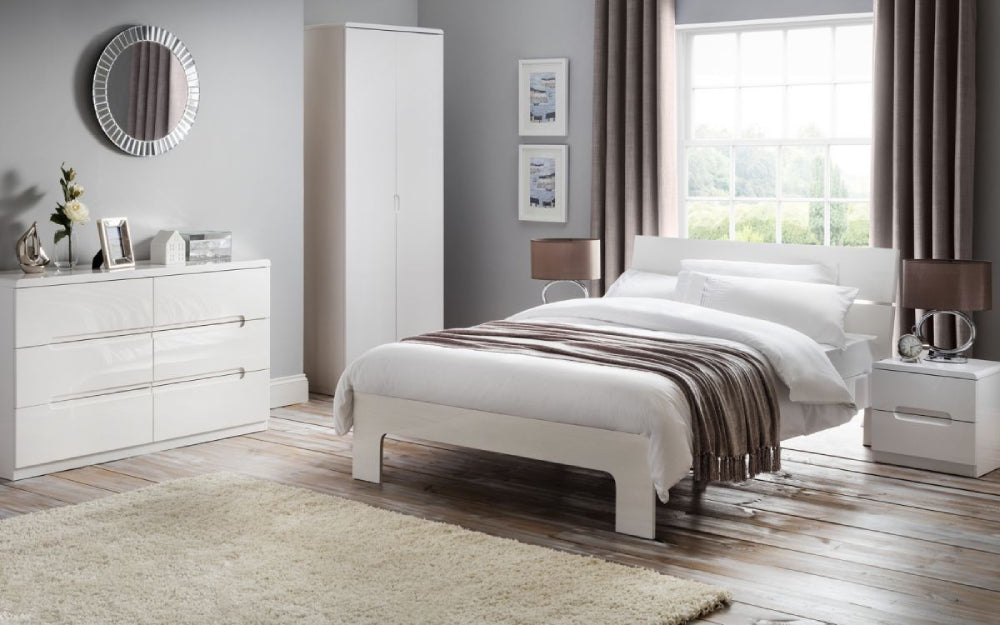 Parke White Wardrobe with Bedside Table and Chest Drawer in Bedroom Setting