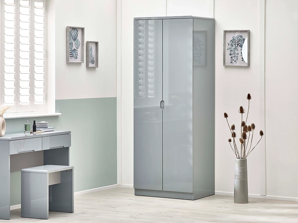 Parker 2 Door Wardrobe in Grey Finish with Console Table and Vase in Bedroom Setting